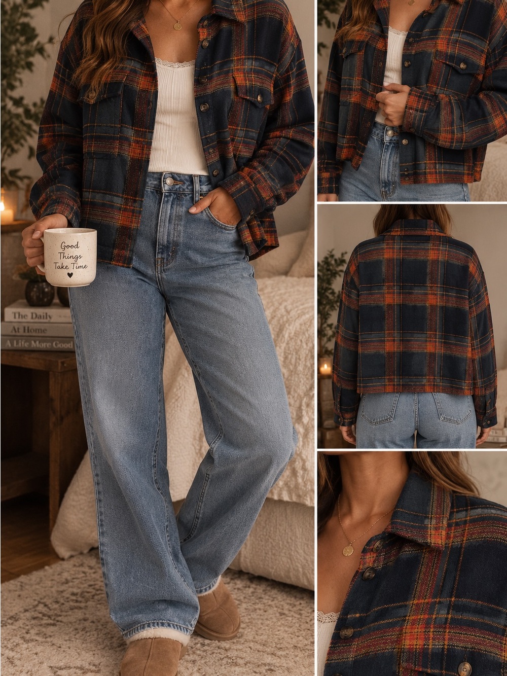 American Eagle XL Plaid Cropped Oversized Shacket Jacket Fall Rust Navy